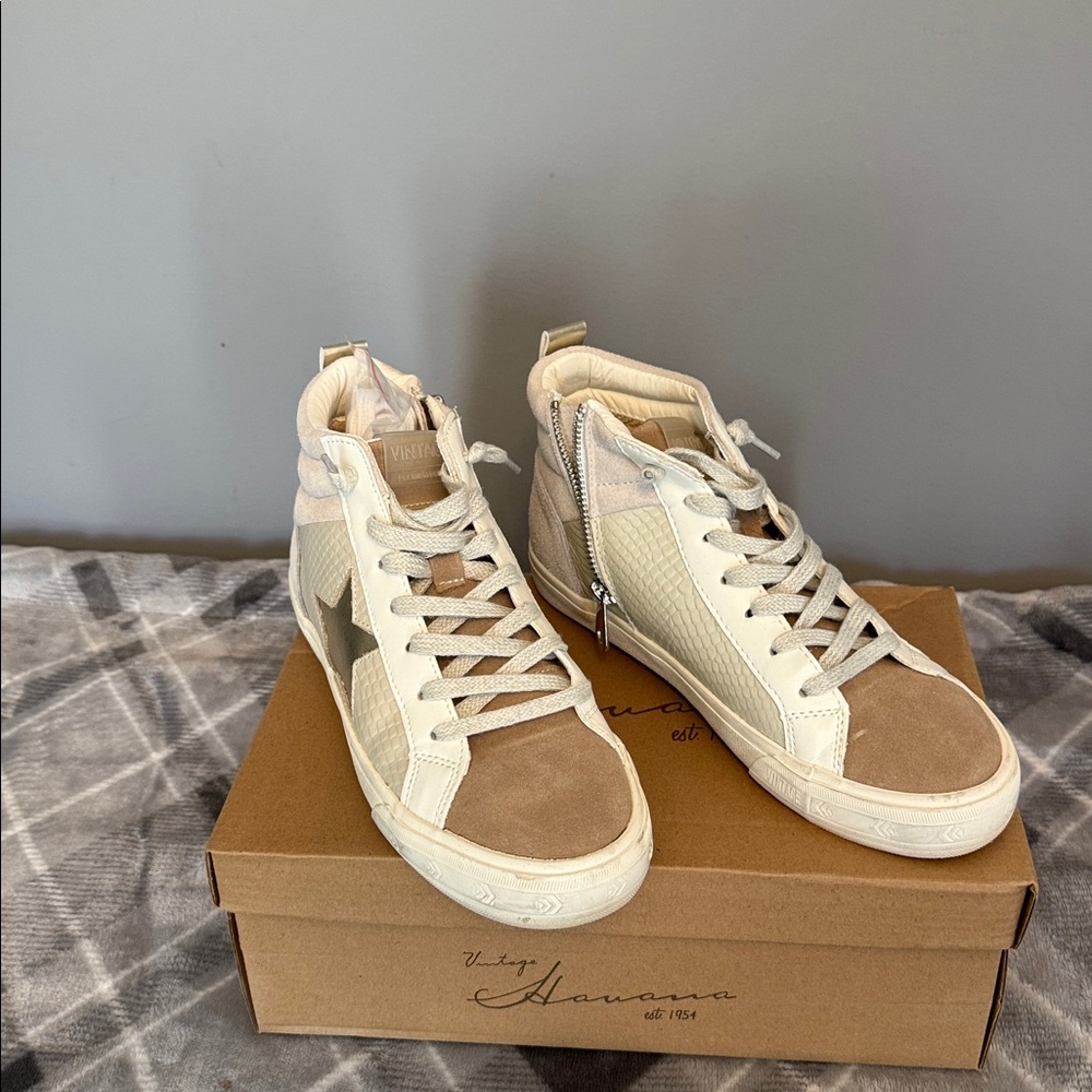 High-Top Sneakers with Beige and Cream Accents